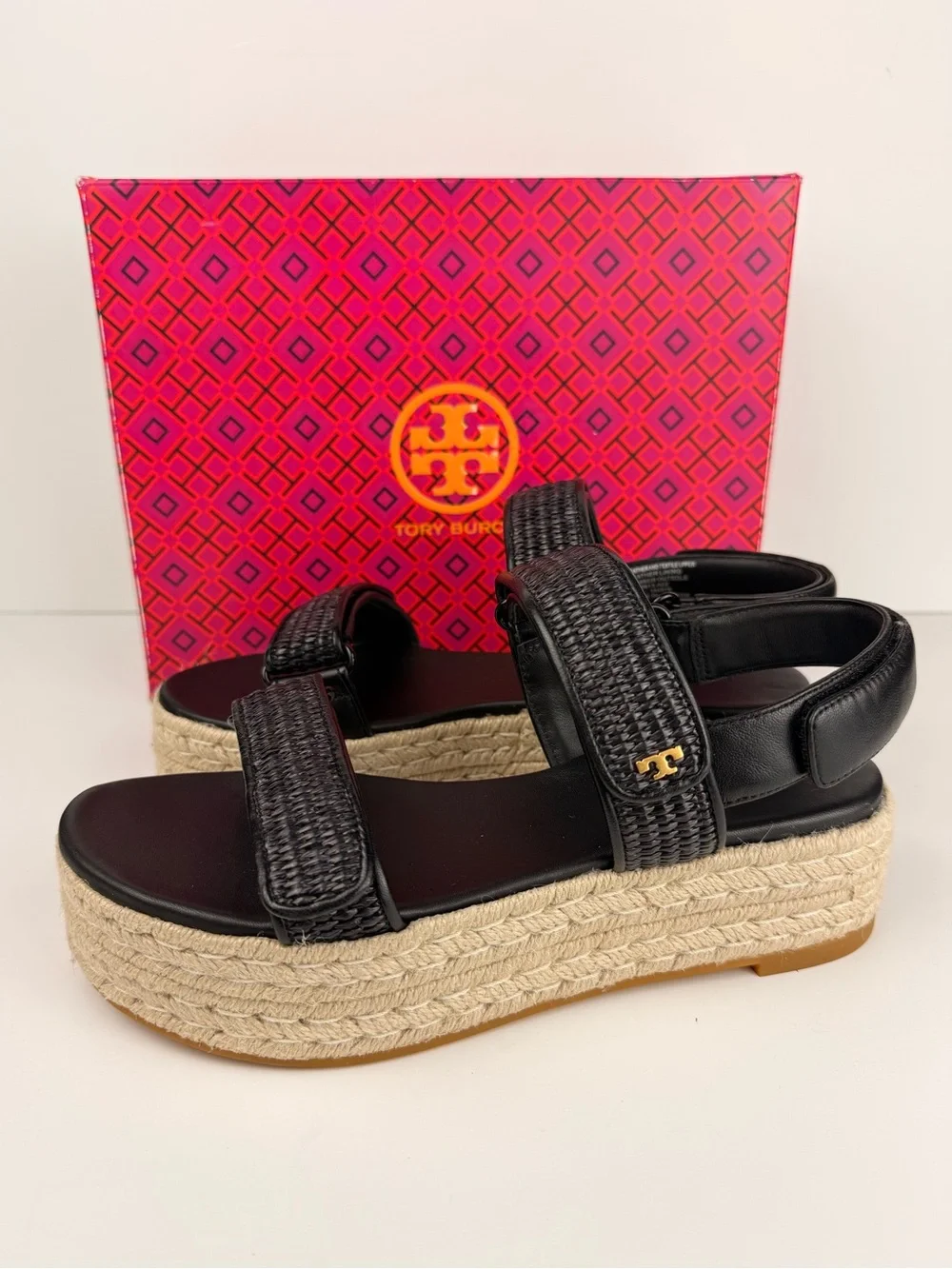 Tory Burch Diego Sport Espadrille Sandals Perfect Black Raffia Platform 8 READ